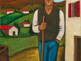 painting of a man with a cane standing in front of a house