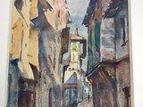 a painting of a person walking down a narrow street