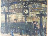 une peinture représentant une gare avec une horloge accrochée au mur