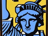 an image of a painting of the statue of liberty in blue and yellow