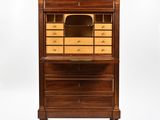 a walnut bureau cabinet with two drawers and a glass top