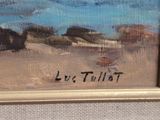 an oil painting of a beach scene with a blue sky in the background