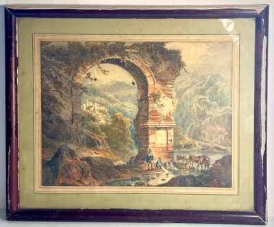 Gravure d'un paysage représentant un pont enjambant une rivi…