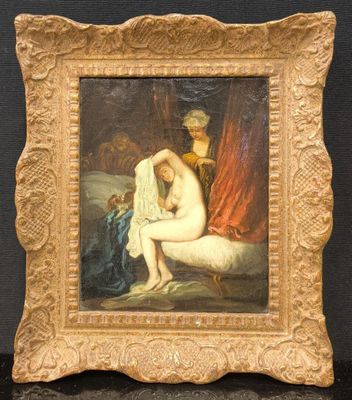 painting of a naked woman sitting on a bed in a gold frame