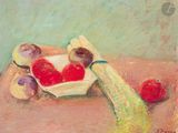 un tableau représentant un bol de fruits et de légumes posé sur une table