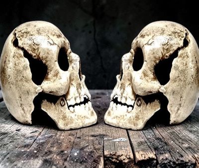 Deux têtes de mort en fonte de fer à patine blanche nuancée …