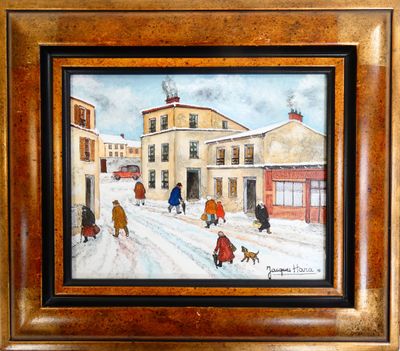 tableau représentant une scène de rue avec des personnes et des chiens dans la neige