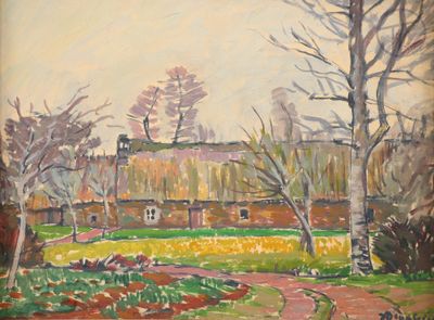 a painting of a house in the middle of a field