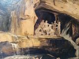 painting of a group of people standing in front of a waterfall