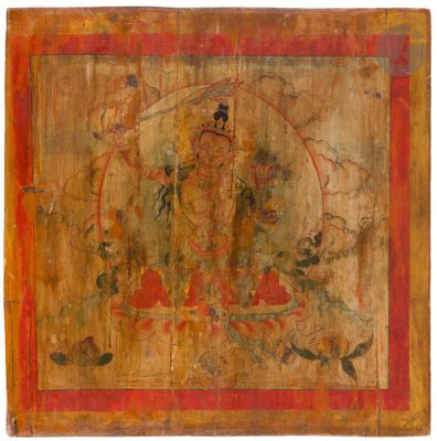 a painting of a buddha on a wooden panel with a red border