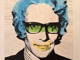 painting of a man wearing glasses and a bow tie with a blue wig