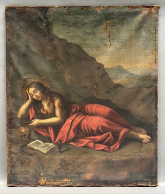 un tableau représentant une femme allongée sur un rocher, un livre à la main