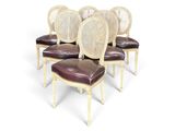 six chaises de salle à manger à dossier en rotin avec assise en cuir marron