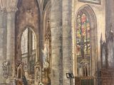 peinture représentant l'intérieur d'une église avec une statue au premier plan