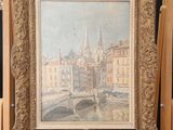 painting of a city scene with a bridge and buildings in the background