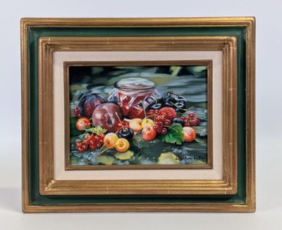 tableau représentant une nature morte composée de fruits et d'un pot de confiture