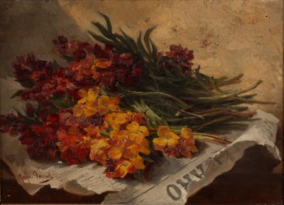 painting of a bunch of flowers sitting on a table next to a newspaper