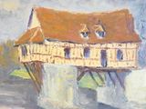 une peinture à l'huile représentant une maison sur un pont enjambant un plan d'eau