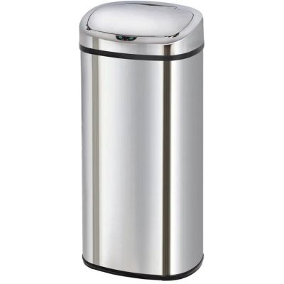 a stainless steel trash can on a white background