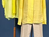 two mannequins wearing yellow shirts and pants on a blue background