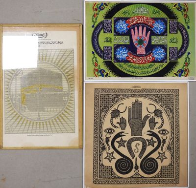 three framed pictures of religious art hanging on a wall in a room