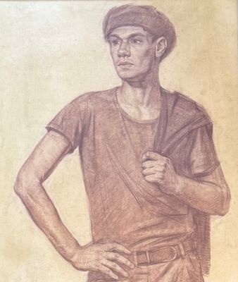 drawing of a man in a hat and shirt with his hands on his hips
