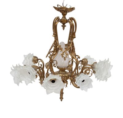 an image of a chandelier with white glass flowers on it