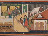 tableau représentant un tableau dans lequel on voit des personnes à l'intérieur d'un bâtiment, avec un cheval au premier plan