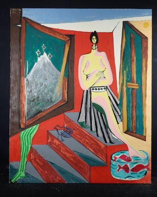 painting of a woman standing in front of a window with a fish in a bowl