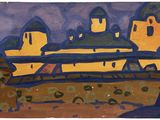 une image représentant une peinture d'une ville avec un ciel en arrière-plan