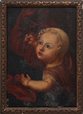 un vieux tableau représentant un bébé tenant un morceau de tissu rouge
