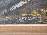 a painting on the wall of a building with a mountain in the background