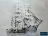 a drawing of a ship in the water with a sky background
