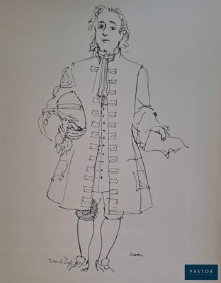 an old book with a drawing of a man in a coat and hat