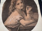 un dessin représentant une femme tenant un chat dans la main