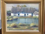 un tableau représentant une maison au toit de chaume au bord de l'eau