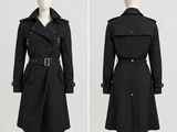 two images of a black trench coat on a mannequin