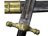 a close up of a sword on a white background