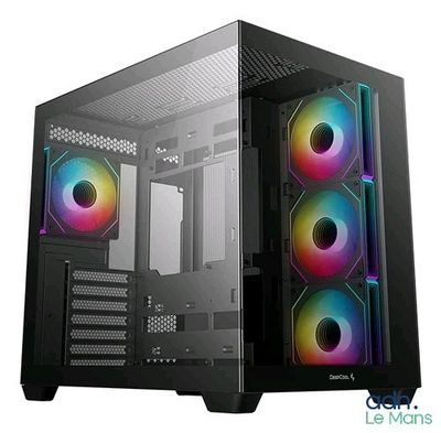 a black computer case with a rainbow fan on it