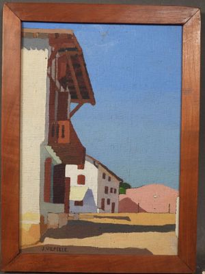 une image représentant une peinture d'une rue avec un bâtiment en arrière-plan
