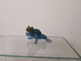 une figurine représentant une grenouille assise sur une table en verre