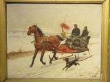 a painting of a horse pulling a sleigh with two people and a dog
