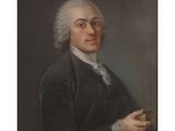 un tableau représentant un homme vêtu d'un manteau noir tenant une pièce d'or