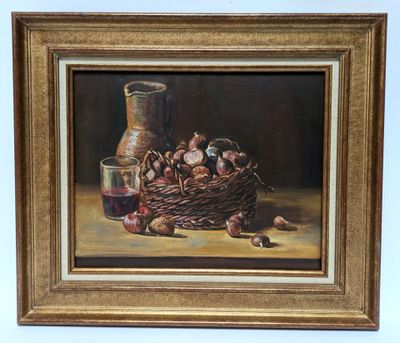 an oil painting of a basket of onions and a vase on a table