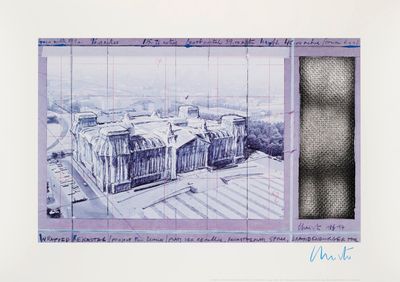drawing of a picture of a building with a view of a city