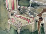 a painting of a chair and a table in a room
