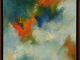 une peinture représentant un ciel rouge et bleu avec des nuages en arrière-plan