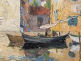 a painting of a boat on the water with people on it