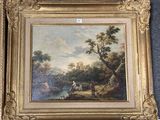une image représentant un tableau où l'on voit un homme et un chien dans un décor boisé