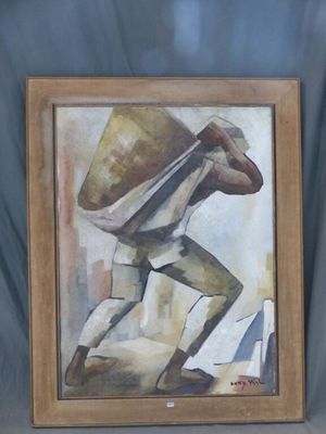 tableau encadré représentant un homme portant un sac sur le dos